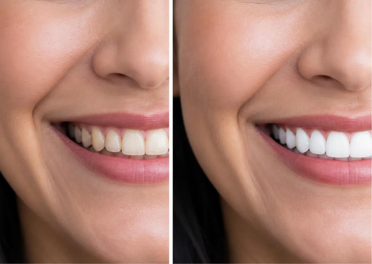 Before-and-after comparison showing teeth before and after a cosmetic smile makeover.